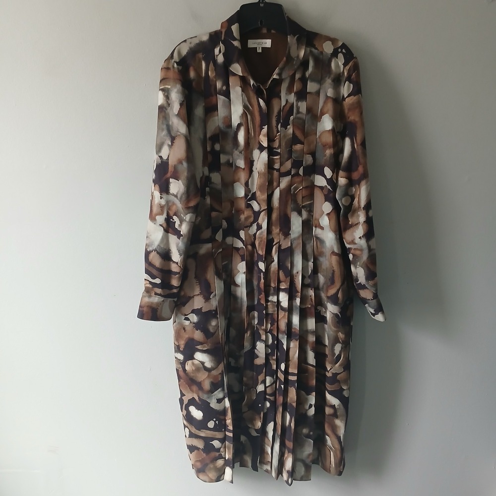 Lafayette 148 Women's Size Medium Midi Pleated Shirt Dress Wool Silk Long Sleeve